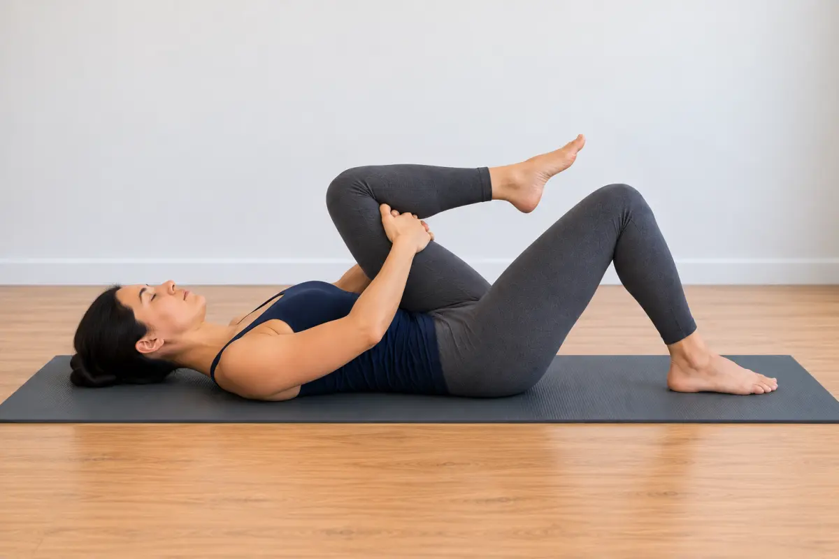 A woman lying on her back on a yoga mat drawing one knee toward her chest, holding her thigh with both hands, with her other foot flat on the mat.