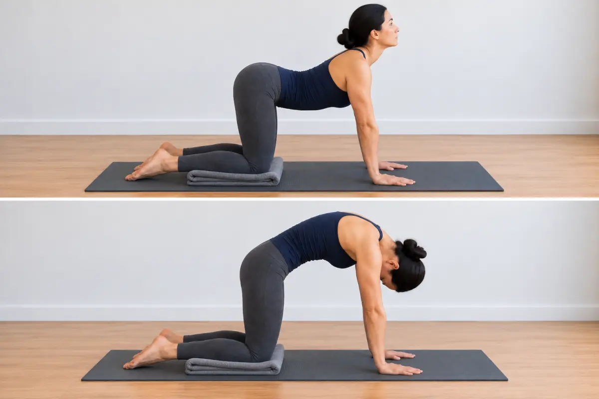 Two side views of a woman on hands and knees on a yoga mat with a folded blanket under her knees. In the top photo her back is gently arched with her head lifted. In the bottom photo her back is gently rounded with her head lowered.