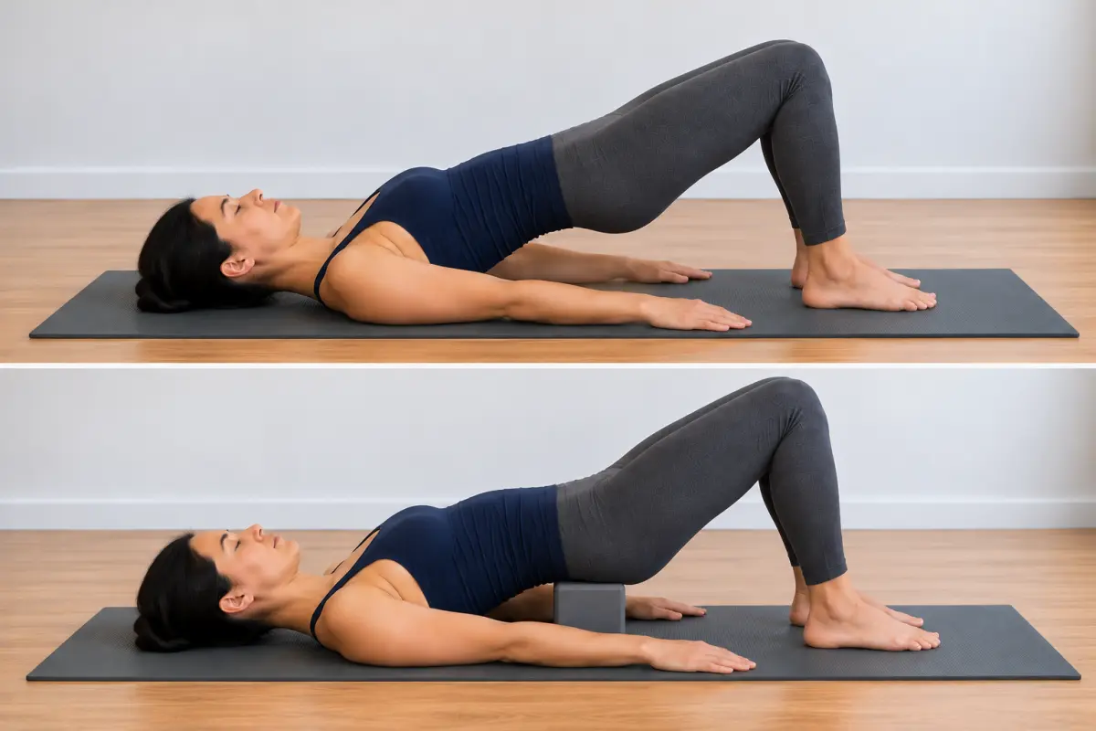 Two side views of a woman lying on her back with her knees bent and her hips lifted in a bridge. In the top photo her arms rest by her sides. In the bottom photo a yoga block supports her hips.