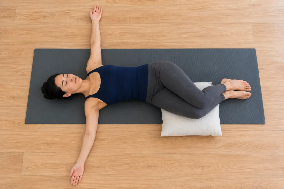 An overhead view of a woman lying on her back on a yoga mat with her arms out to the sides and both bent knees lowered to one side onto a pillow, her shoulders flat.