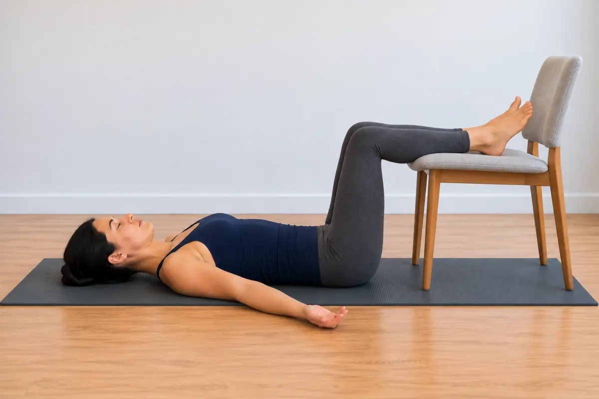 A woman lying on her back on a yoga mat with her calves resting on the seat of a chair, her hips and knees bent at about right angles.