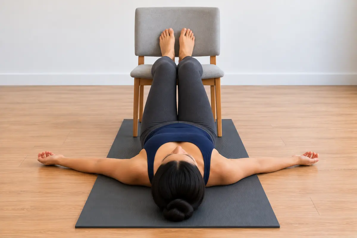 A woman lying on her back on a yoga mat with her calves resting on a chair seat, seen from above her head, her arms out to the sides.