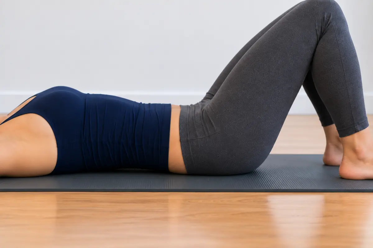 A close side view of a woman's lower back and hips as she lies on a yoga mat with her knees bent, showing a small gap under the lower back.