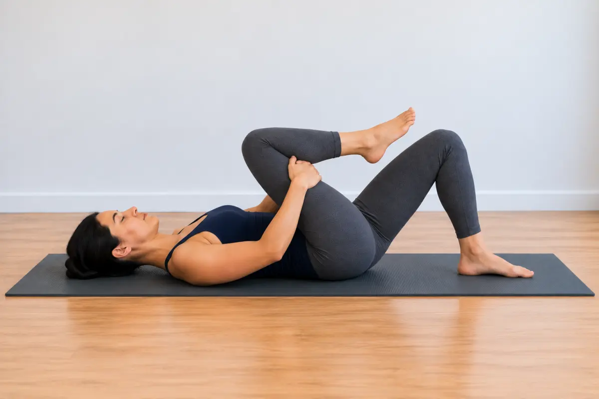 A woman lying on her back on a yoga mat holding one bent knee toward her chest with both hands, her other foot flat on the mat.