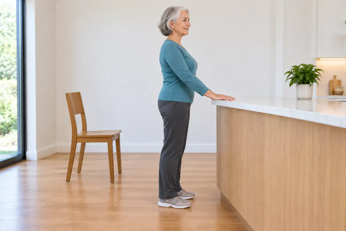 An older woman standing tall at a kitchen counter with her hand resting on it.