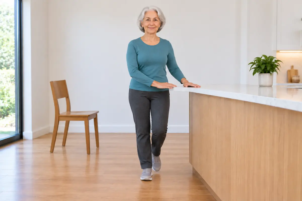 An older woman facing the camera at a kitchen counter with both hands on it, her weight on one leg and the other heel lifted a little.