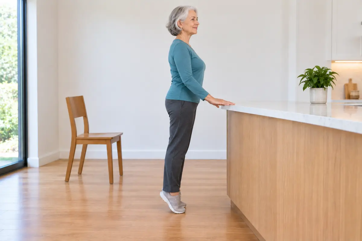 An older woman standing side-on at a kitchen counter with her hand on it, lifted onto the balls of her feet.