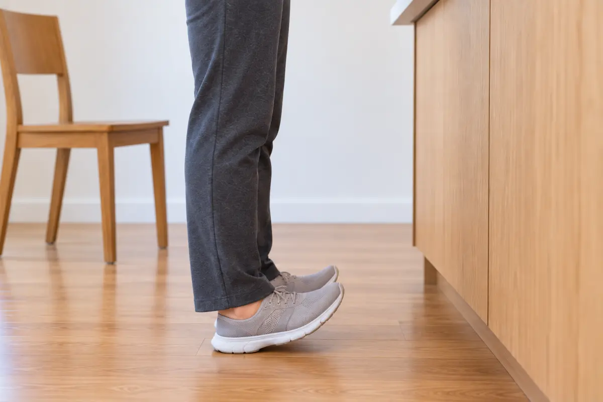 A close side view of an older woman's feet at a counter, her toes lifted and her heels on the floor.