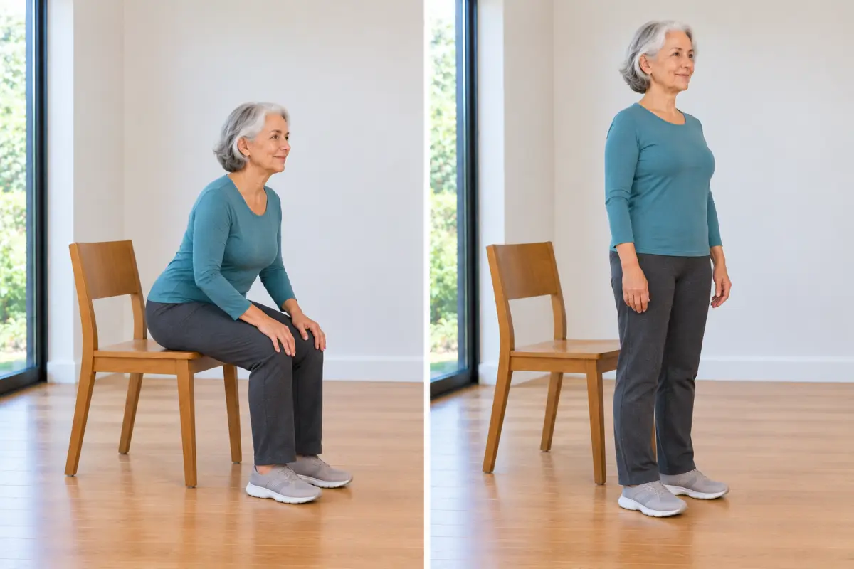 Two photos of an older woman and a wooden chair. On the left she sits at the front of the chair leaning slightly forward with a long back and her hands on her knees. On the right she stands tall in front of it.