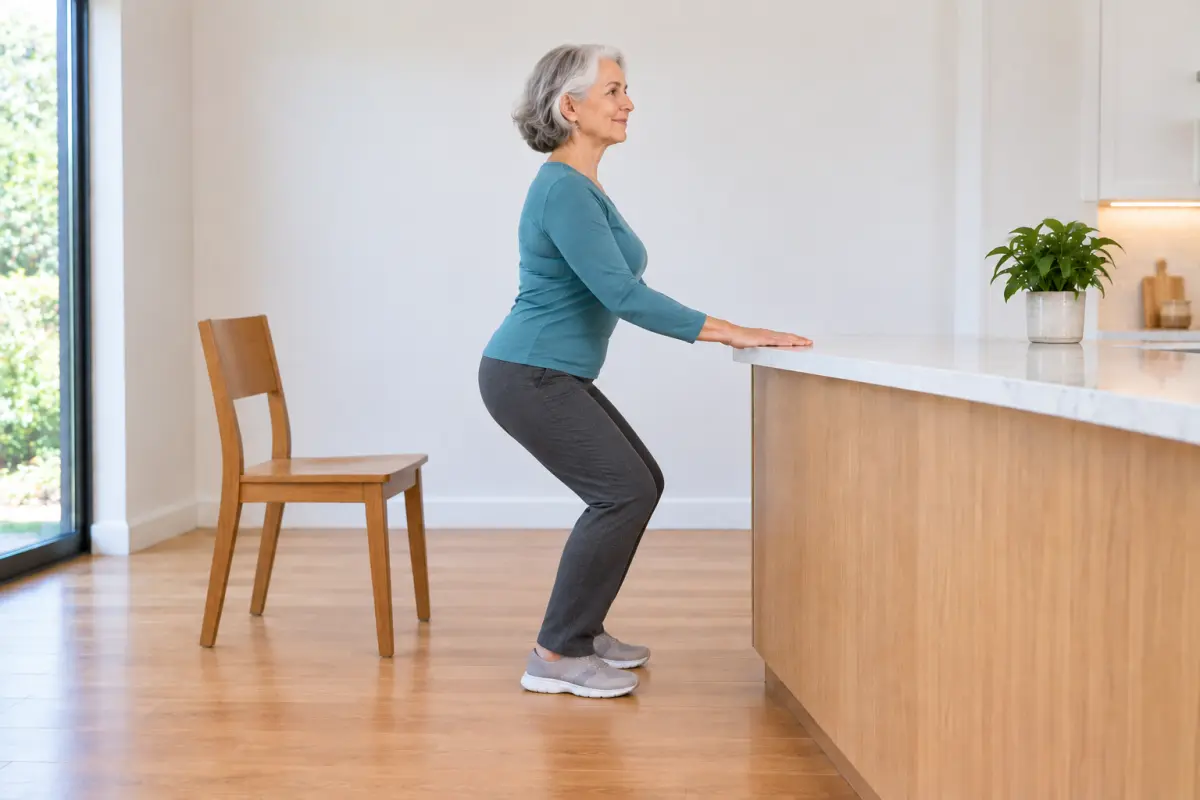 An older woman at a kitchen counter in a shallow squat, hips back and chest lifted, hands on the counter, with a chair behind her.