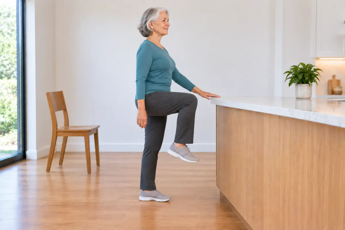 An older woman standing side-on to a kitchen counter with one hand on it and one knee lifted to about hip height.