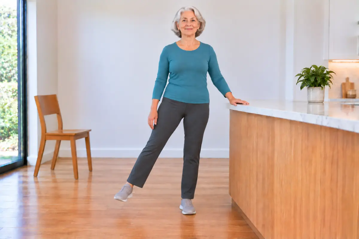 An older woman standing tall at a kitchen counter with one hand on it, her outer leg lifted just clear of the floor to the side.