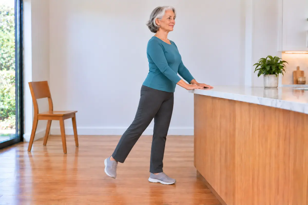 An older woman facing a kitchen counter with both hands on it, her straight leg moved a few inches behind her with the toes barely off the floor.