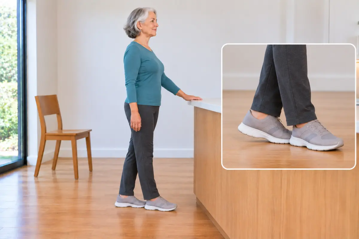 An older woman standing side-on to a counter with one hand on it, her feet in a heel-to-toe line, with a close-up of her feet in the corner.