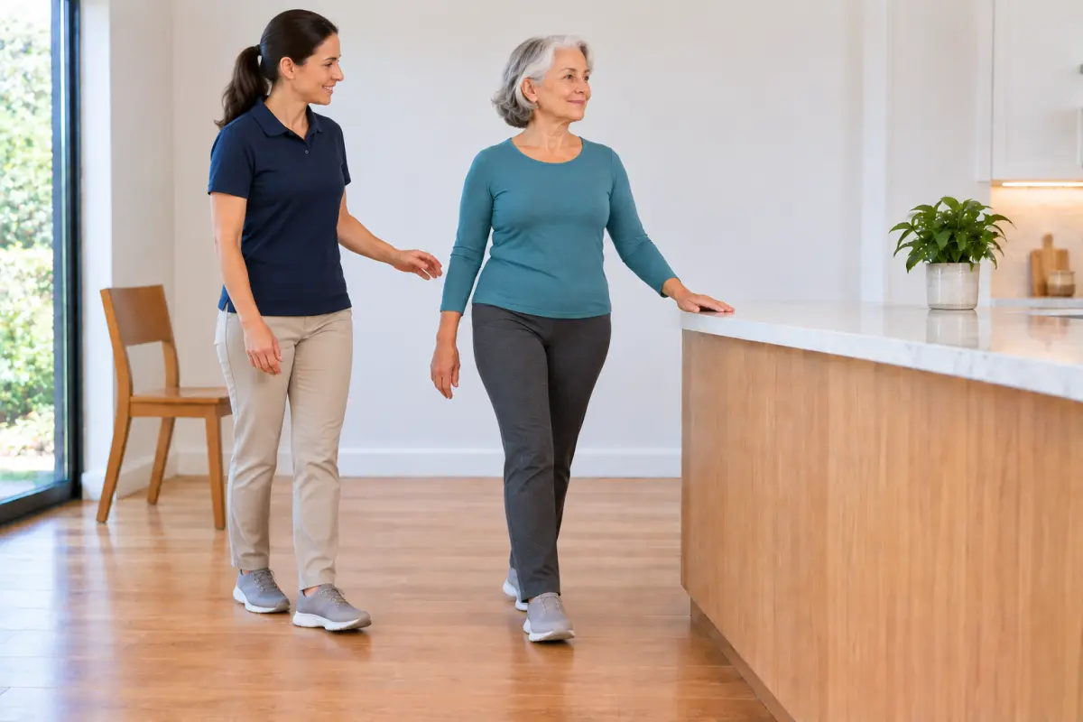 An older woman walking heel to toe along a kitchen counter with one hand sliding along its edge, while a helper walks close beside her.
