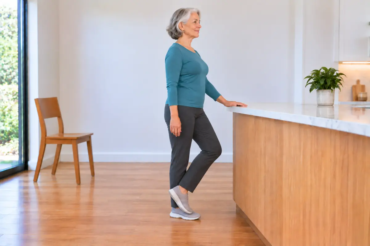 An older woman standing side-on to a kitchen counter with one hand on it, her other knee turned out and that heel resting against her standing ankle with the toes on the floor.
