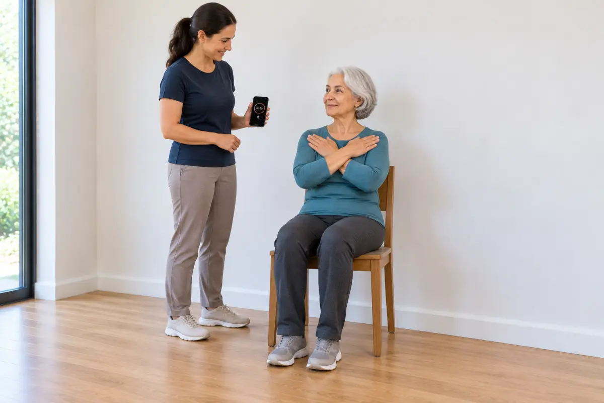 An older woman seated in a wooden chair against a wall with her arms crossed over her chest, while a helper stands beside her holding a phone timer.