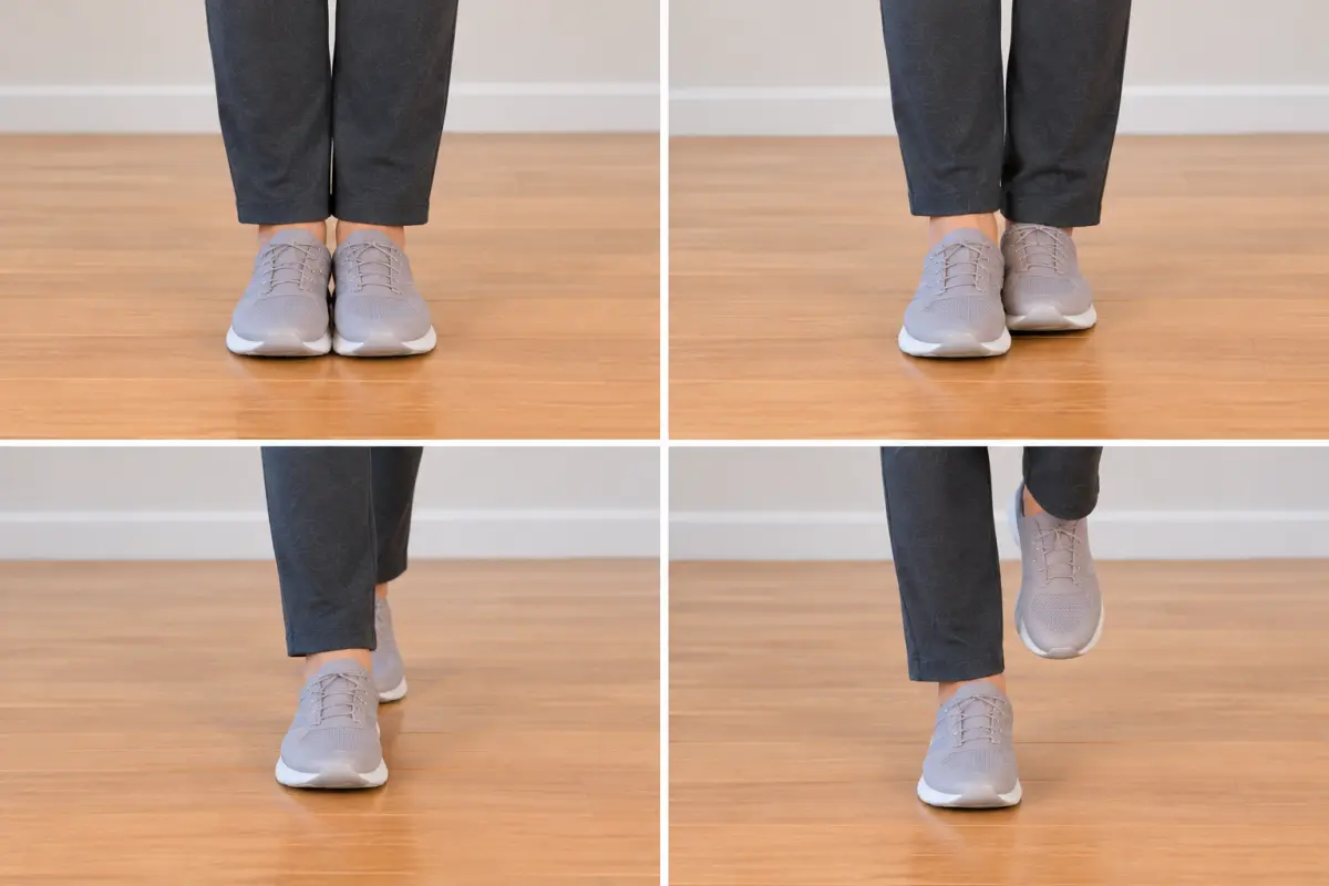 Four close-ups of feet on a wood floor showing the four balance positions: feet side by side; one foot staggered with its instep touching the other big toe; one foot directly in front of the other, heel to toe; and standing on one foot.
