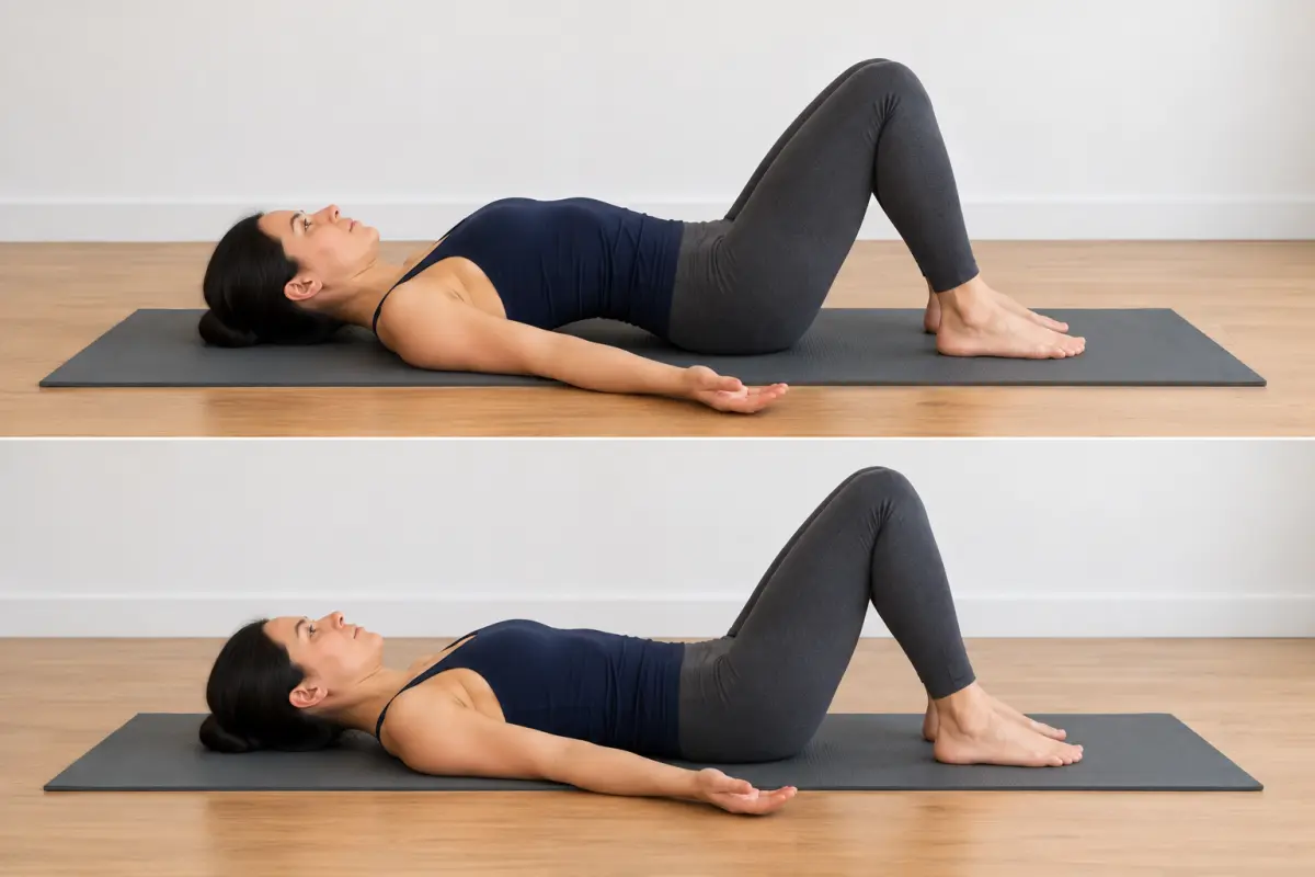 Two side views of a woman lying on her back with her knees bent. In the top photo her lower back has a small arch off the mat. In the bottom photo her lower back is flat on the mat.