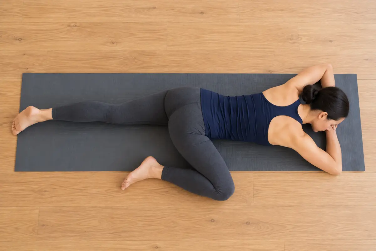 An overhead view of a woman lying face down on a yoga mat, her head turned and resting on her hands, one knee drawn out to the side along the mat.