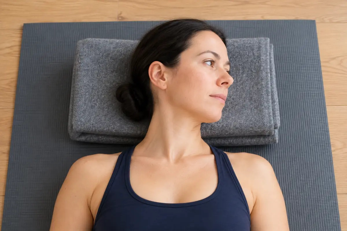 A close overhead view of a woman's head and shoulders resting on a folded blanket, her head turned gently to one side.