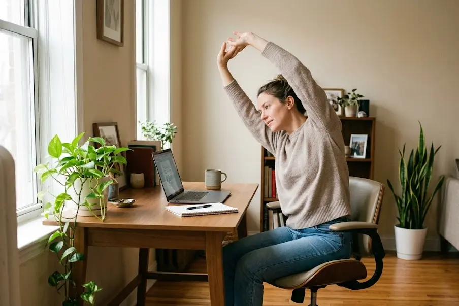 Desk stretches: a 2-minute break and a 5-minute routine, with a timer